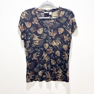 ADDITIONS BY CHICOS Women’s Buddha Asia Print Black V Neck Short Sleeve Top